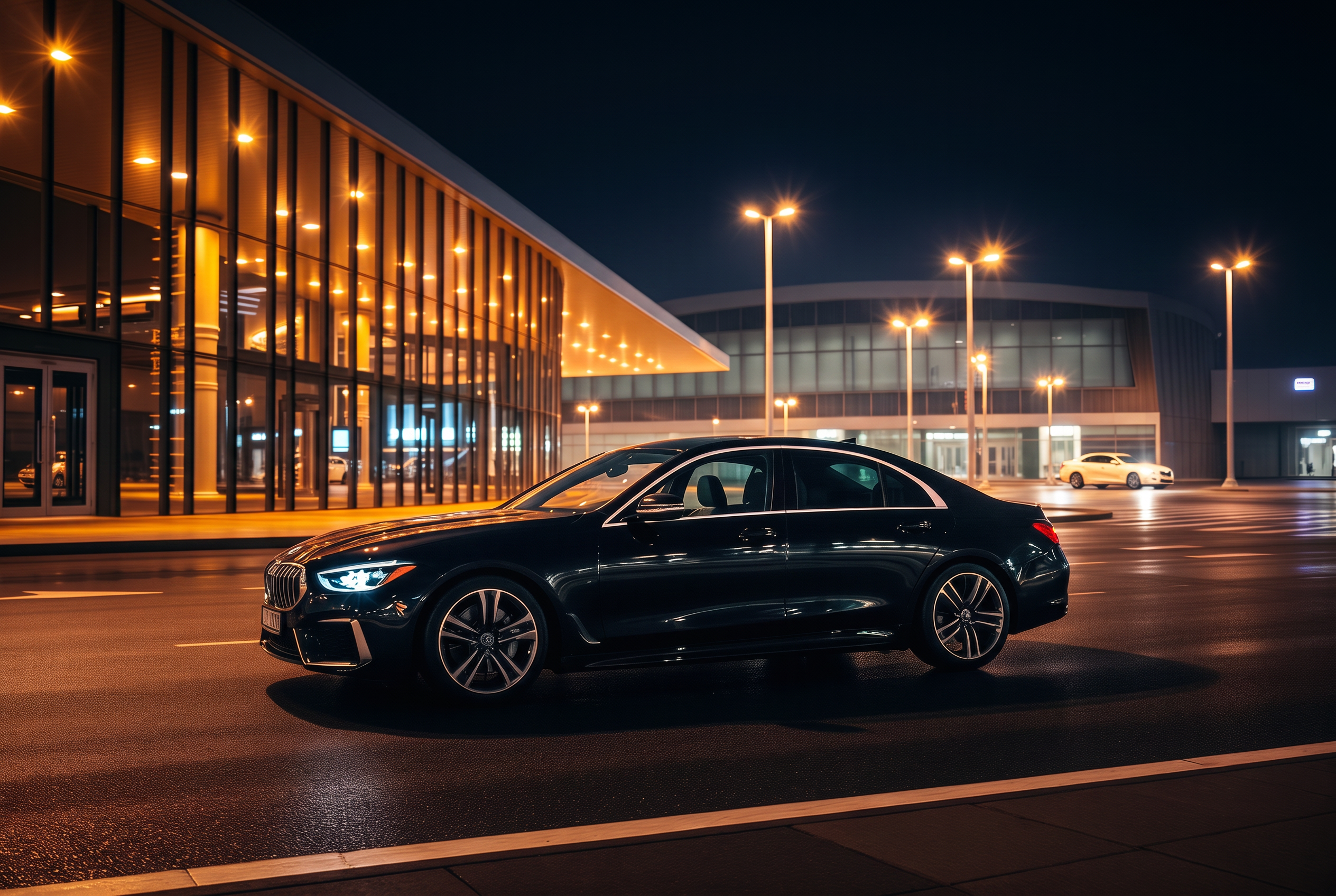 Black sedan waiting at a Toronto Pearson Airport terminal at night